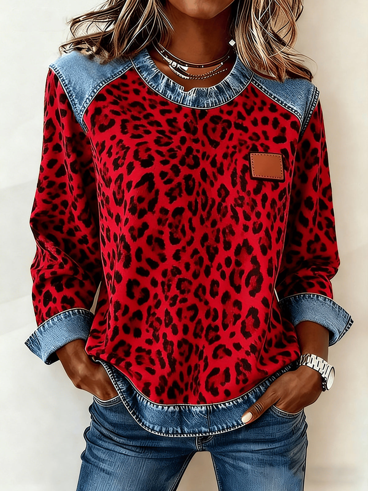 Women's patchwork denim sweatshirt in red leopard print with denim shoulder and cuff panels