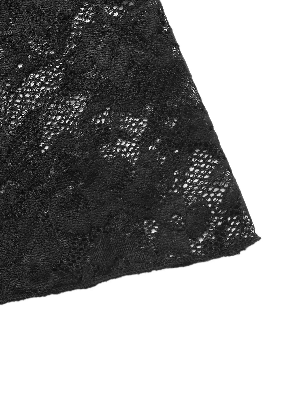 Lace off-shoulder mini dress close-up in black lace fabric