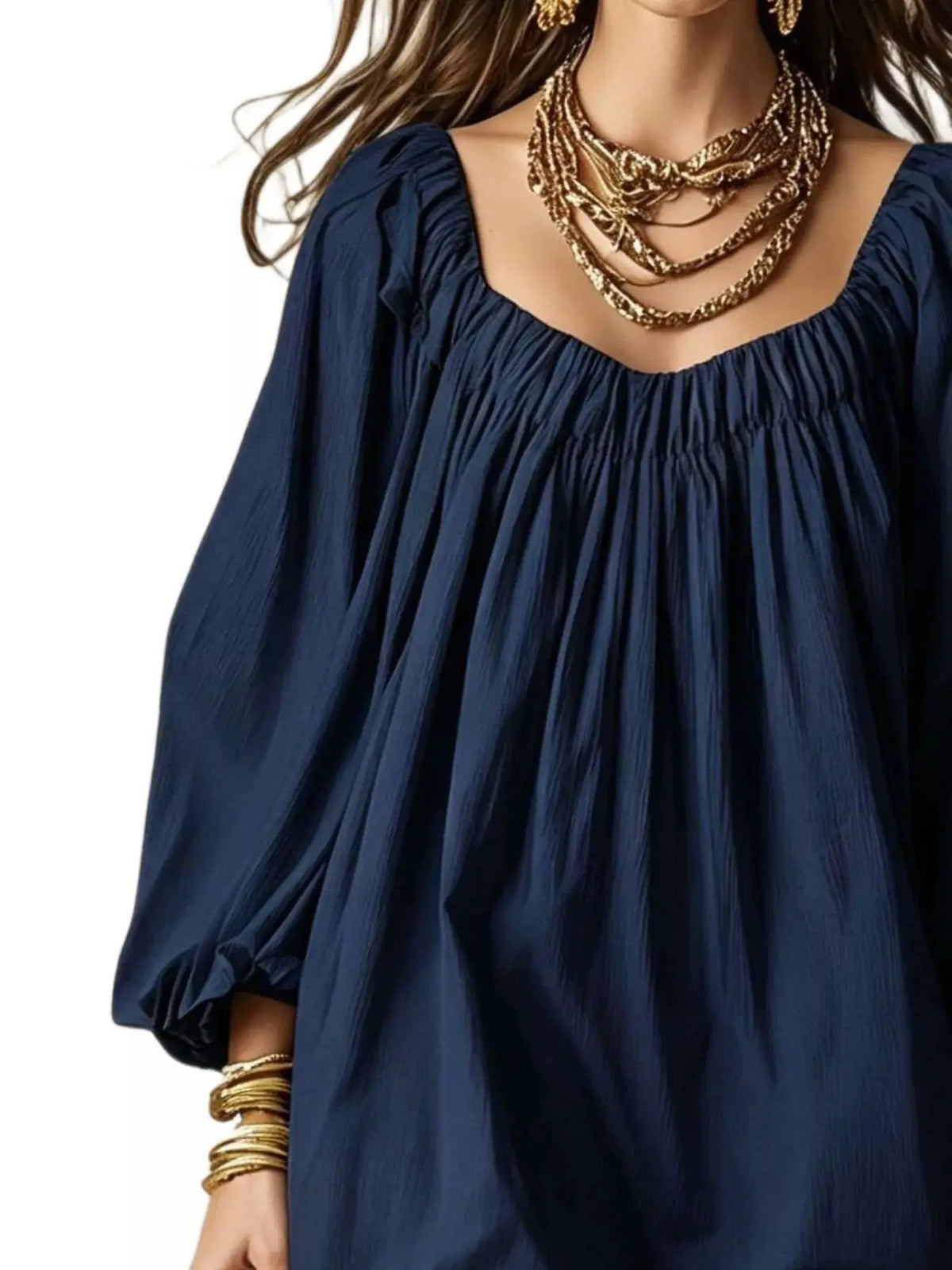 Trendsi flowy navy balloon-sleeve mini dress with gathered neckline
