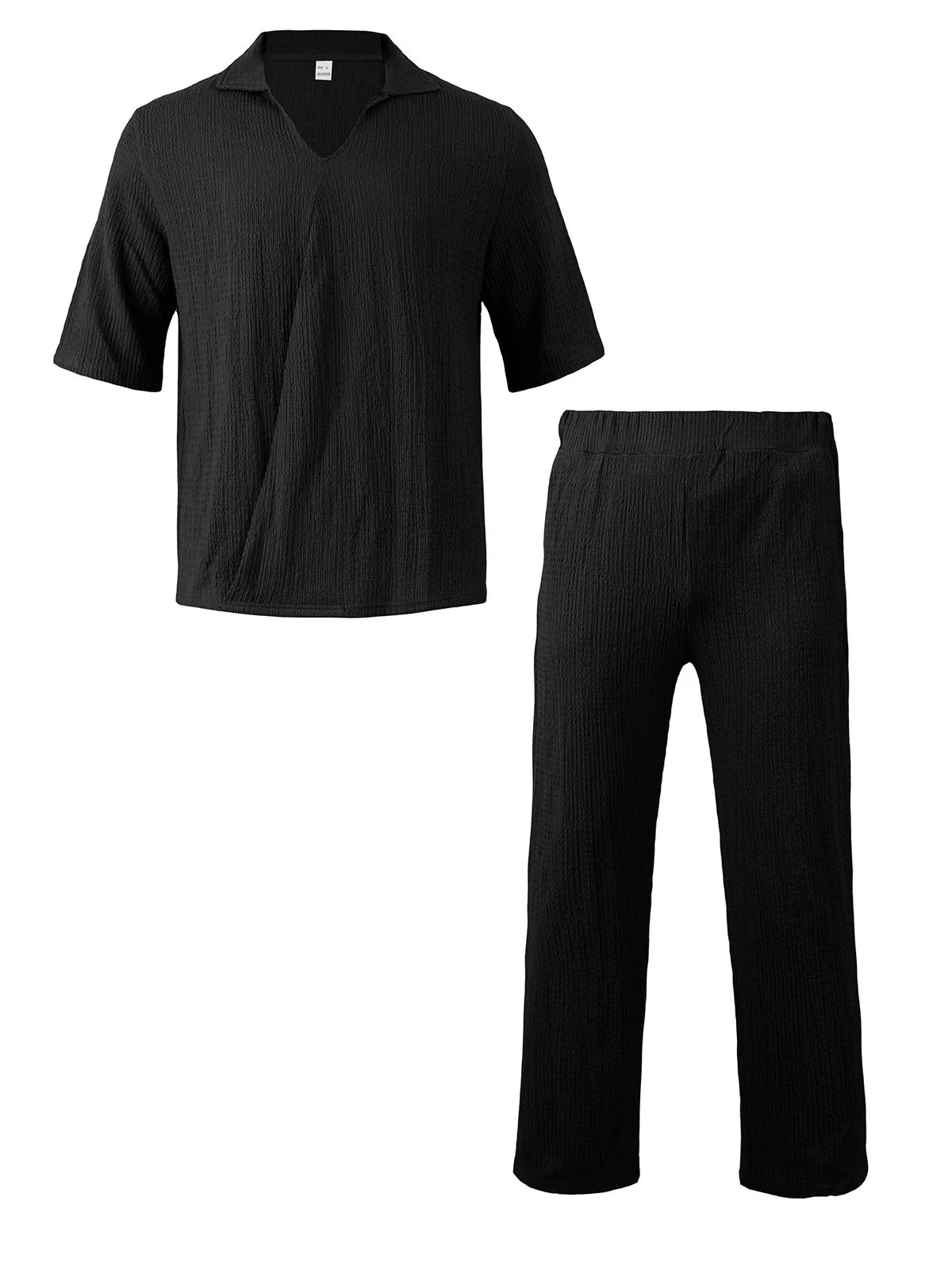 Trendsi men's plus-size short-sleeve top and pants set in black textured fabric with pockets