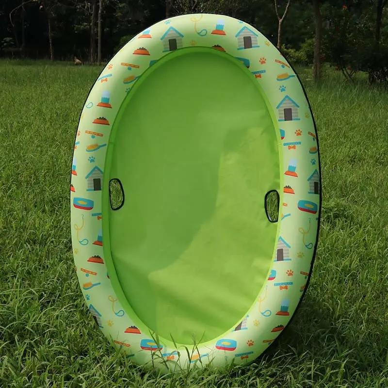 Dog pool inflatable hammock for pets, lime-green interior and printed pastel border ring