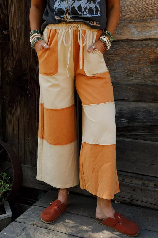 Raw Seam Colorblock Wide-Leg Ankle-Length Casual Pants in orange and cream patchwork