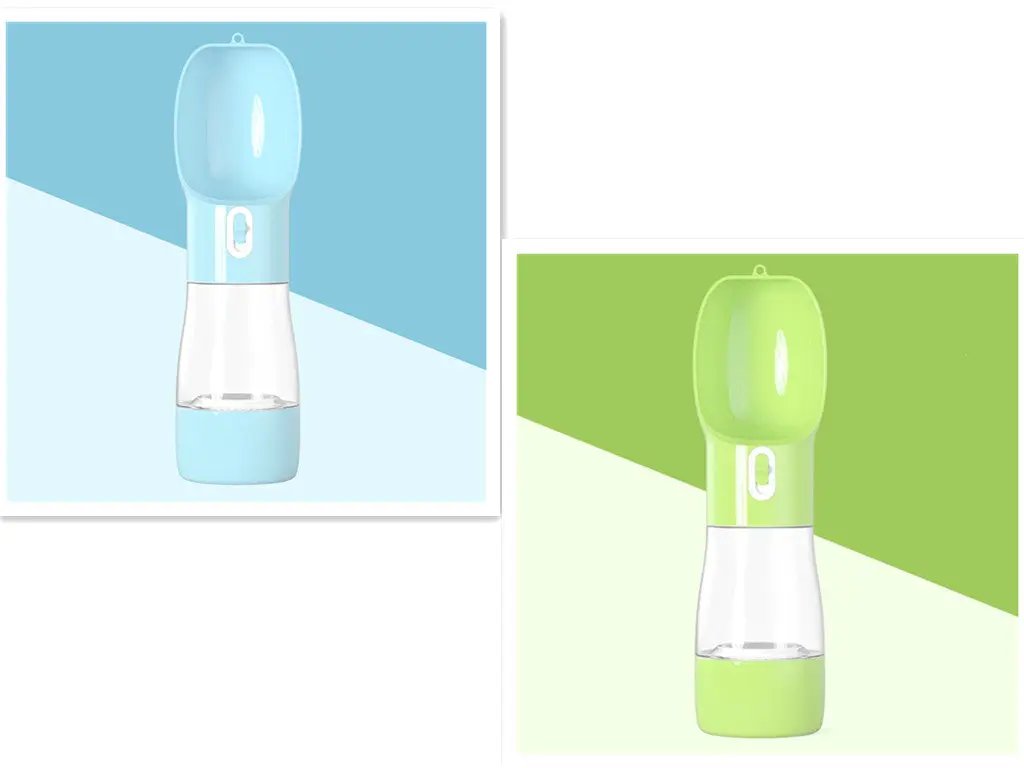 Traveling Out Portable Dog Water Dispenser in blue and green, AdTec brand, two units shown.