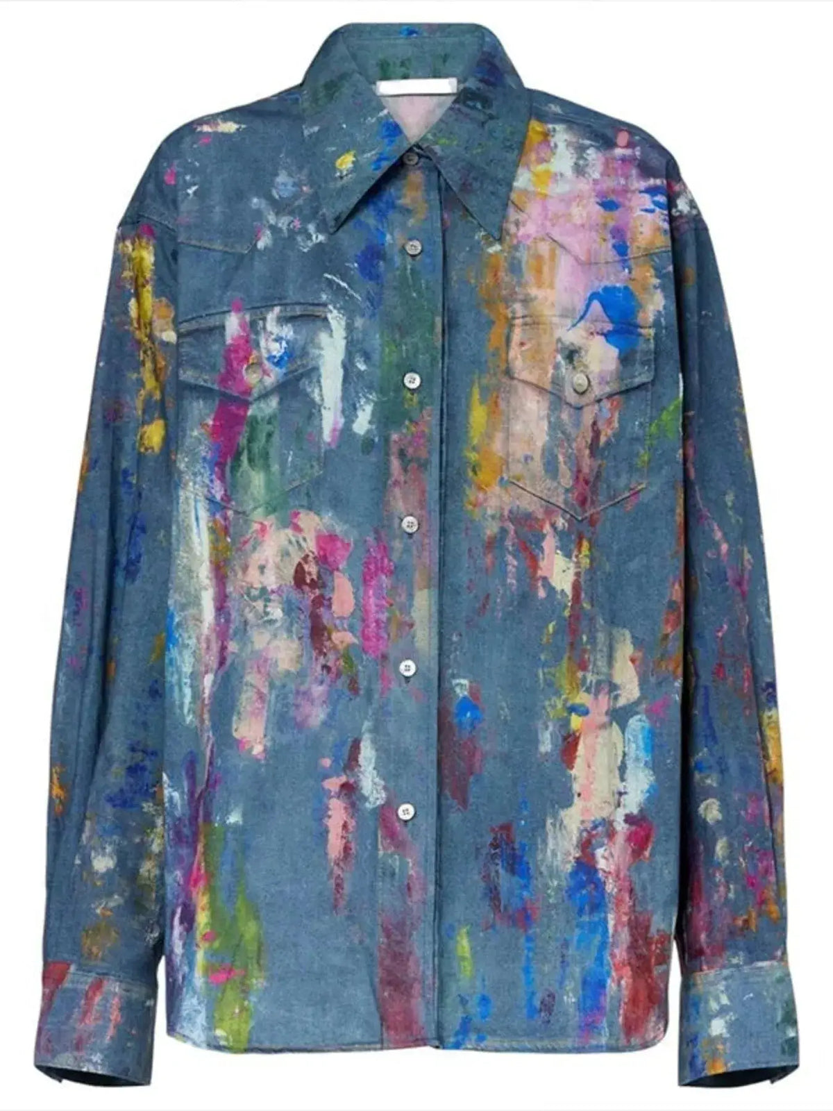 Women's hand-painted denim shirt with long sleeves in multicolor brushstroke paint-splatter pattern Trendsi
