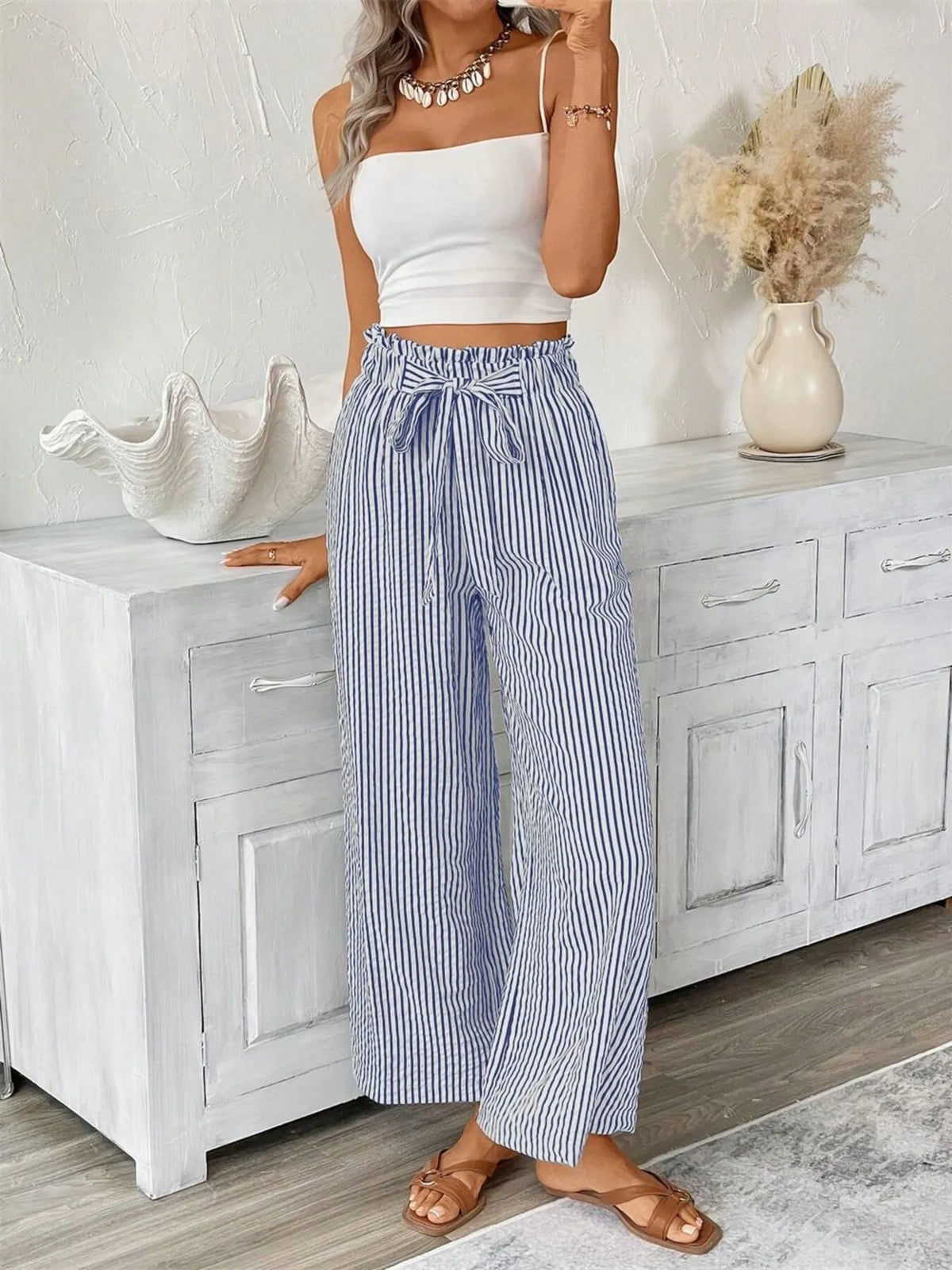 Palazzo pants by Trendsi: blue striped, wide-leg, paper-bag waist with tie, pocketed, plus size