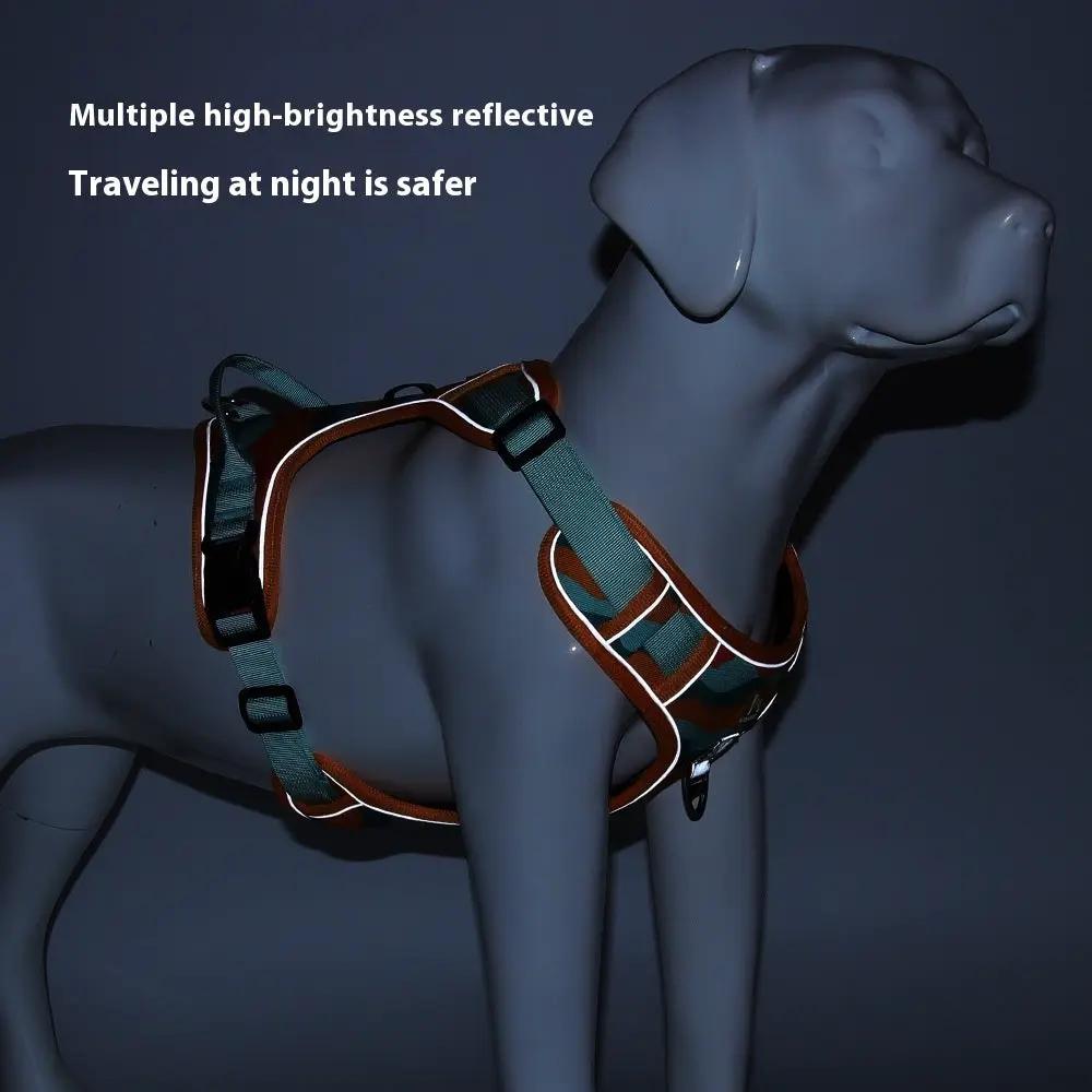 Dog chest and back reflective commuter harness in teal and brown with white piping