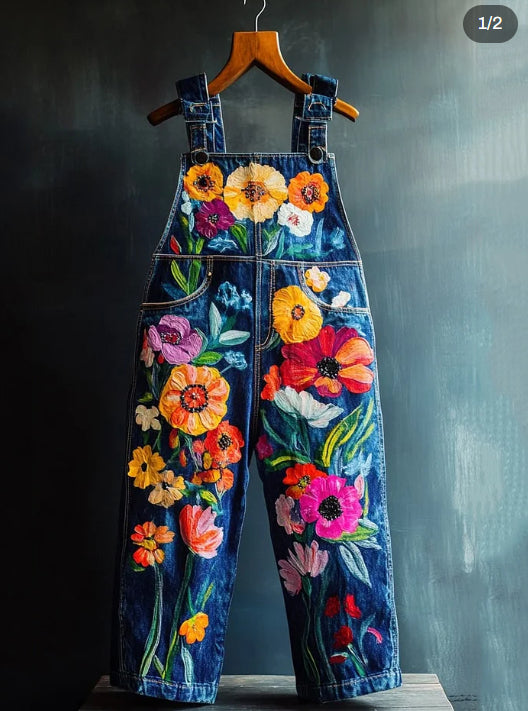 Art Oil Painting Plant Floral Print Jeans Jumpsuit