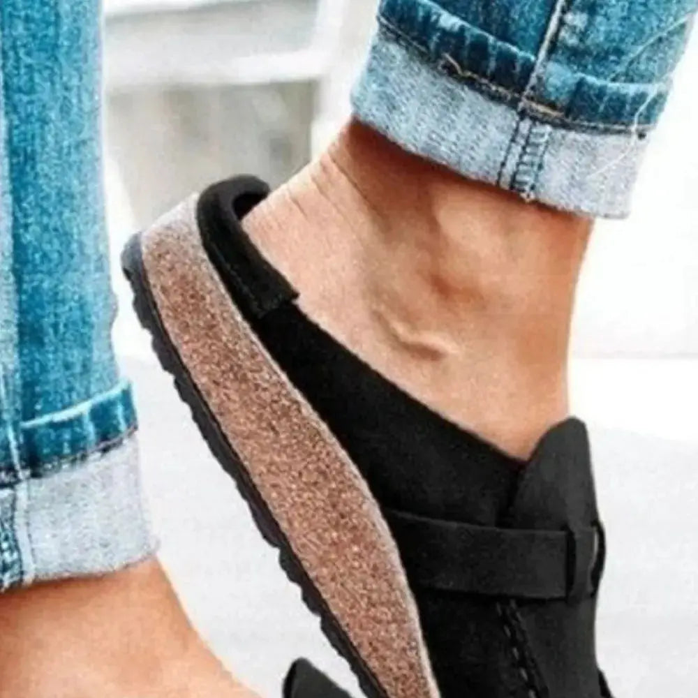 Round Toe Low Heel Buckle Loafers, black upper with cork-textured sole