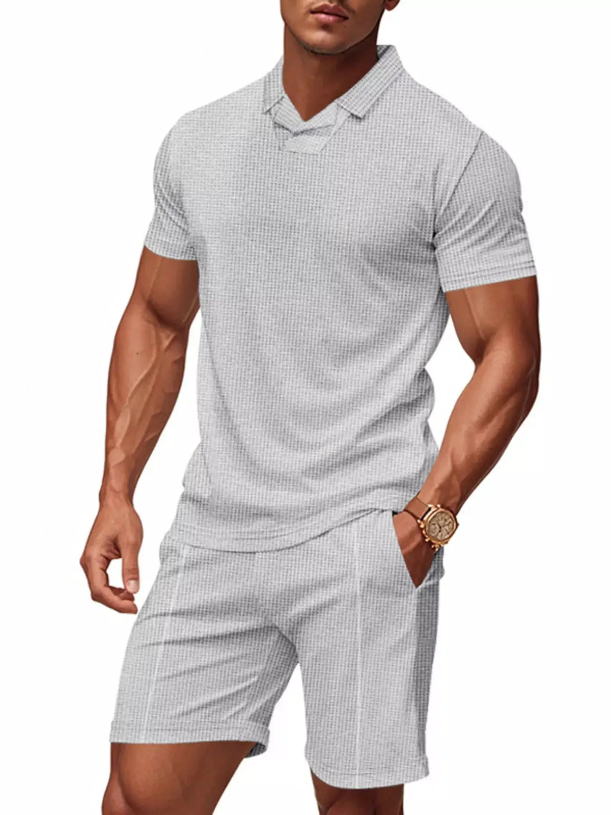Men's casual two-piece short-sleeve polo and shorts set in light gray micro-check with pockets
