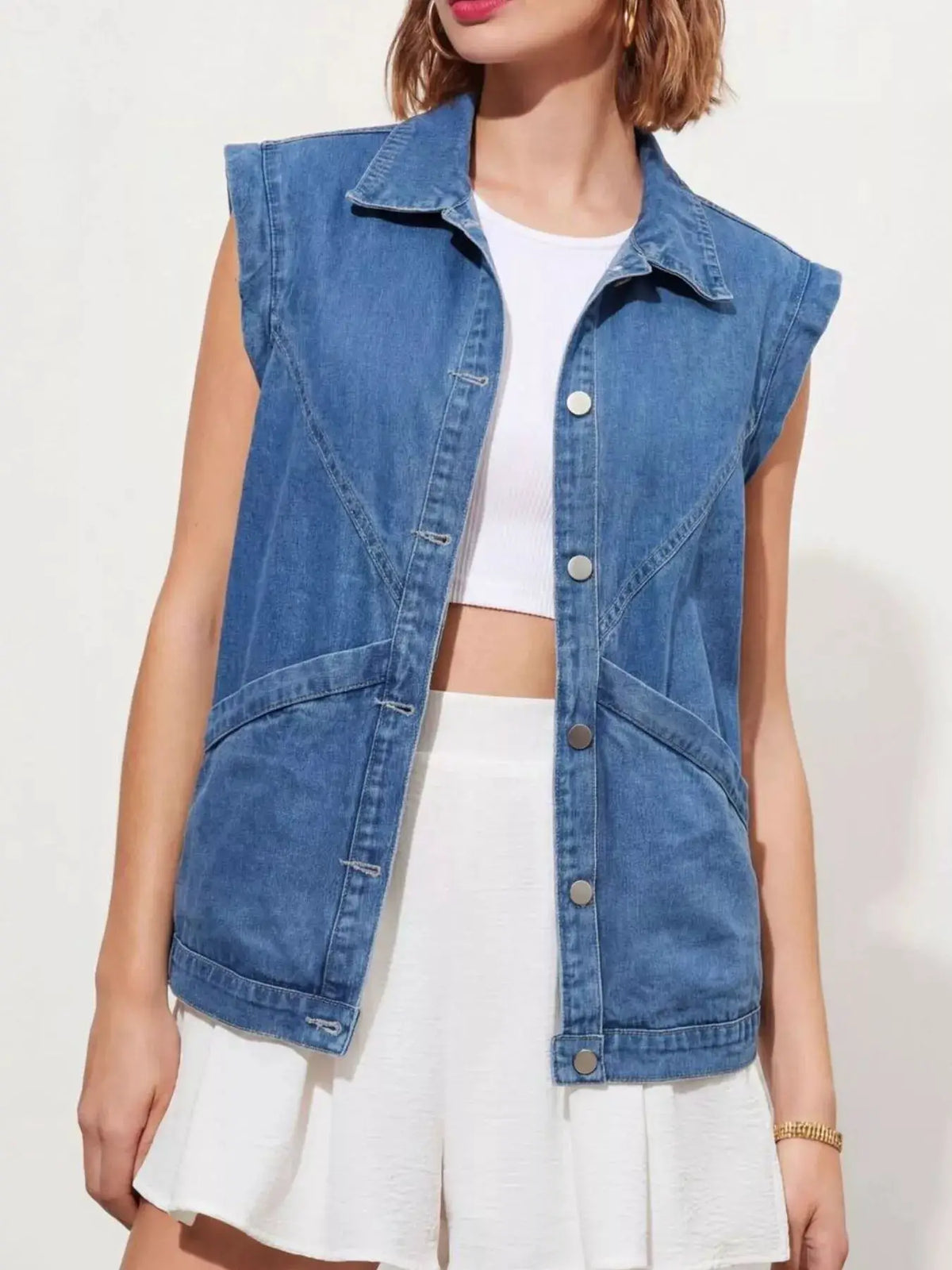 Faded blue denim vest with metal snaps, button-down front, Trendsi, relaxed fit