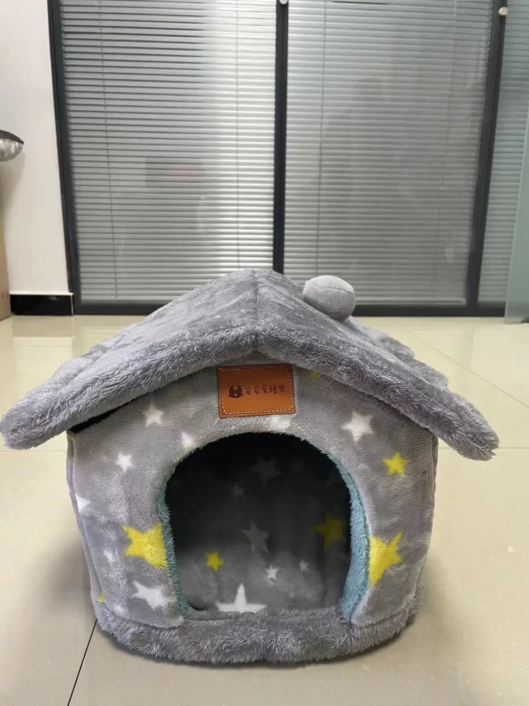 AdTec foldable dog house cat bed, grey plush cave-style enclosure with star pattern and removable nest