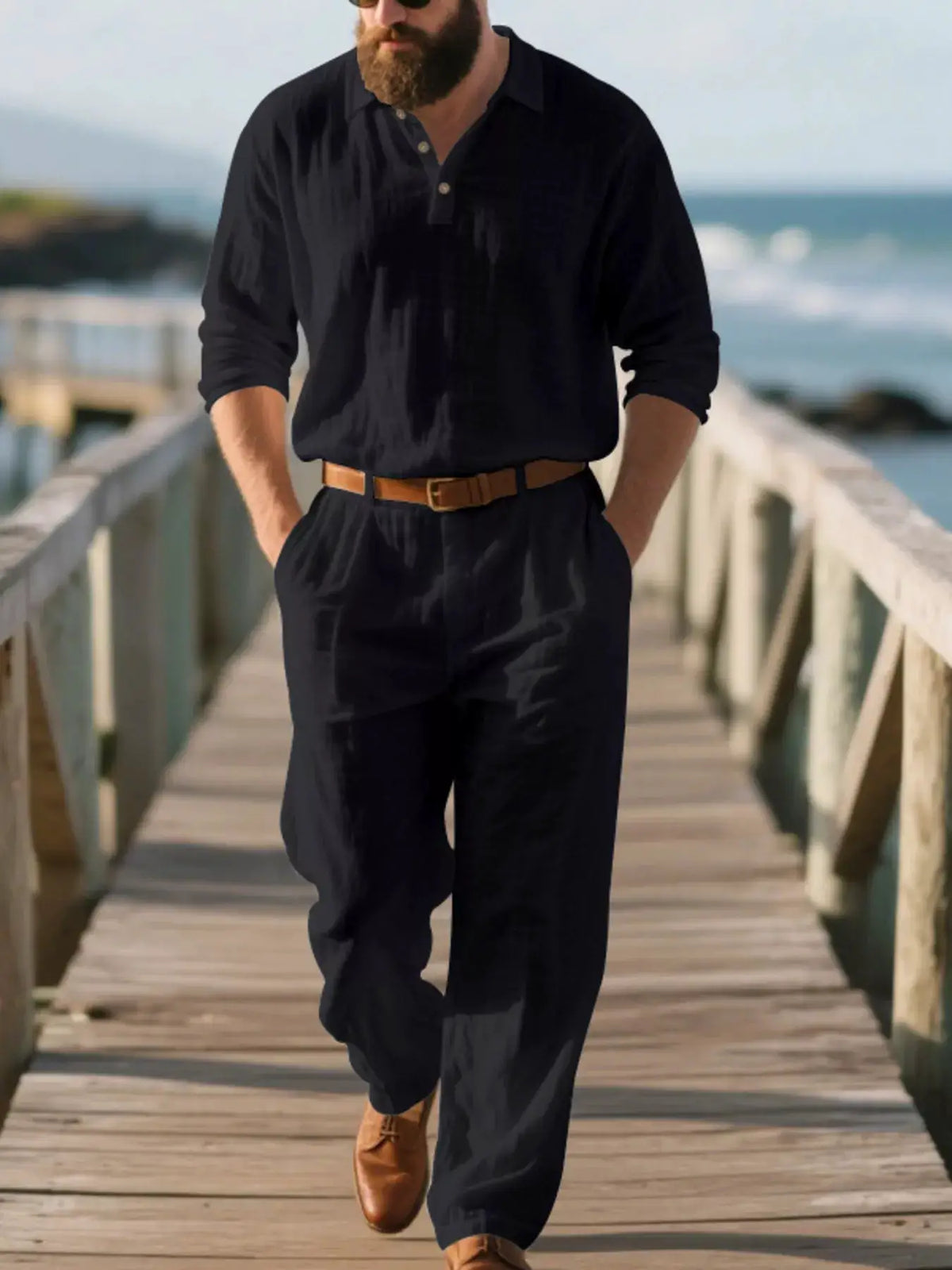 Mens plus-size black linen matching top and pants set with brown belt
