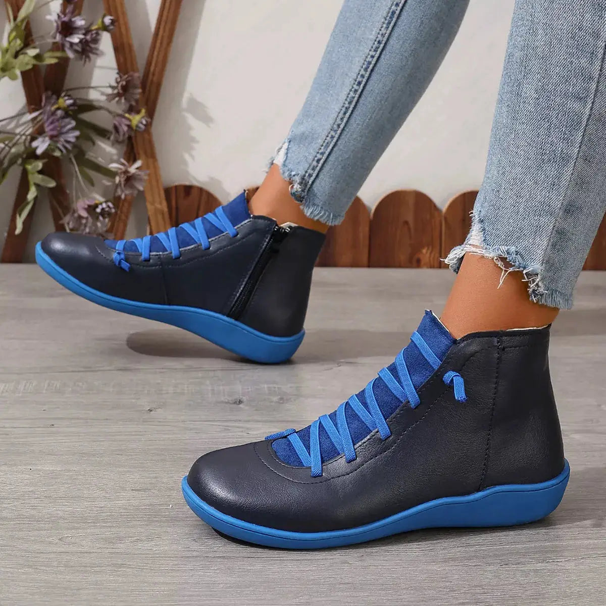 Lace-Up Faux Leather Ankle Boots, navy with blue laces and blue sole, Trendsi