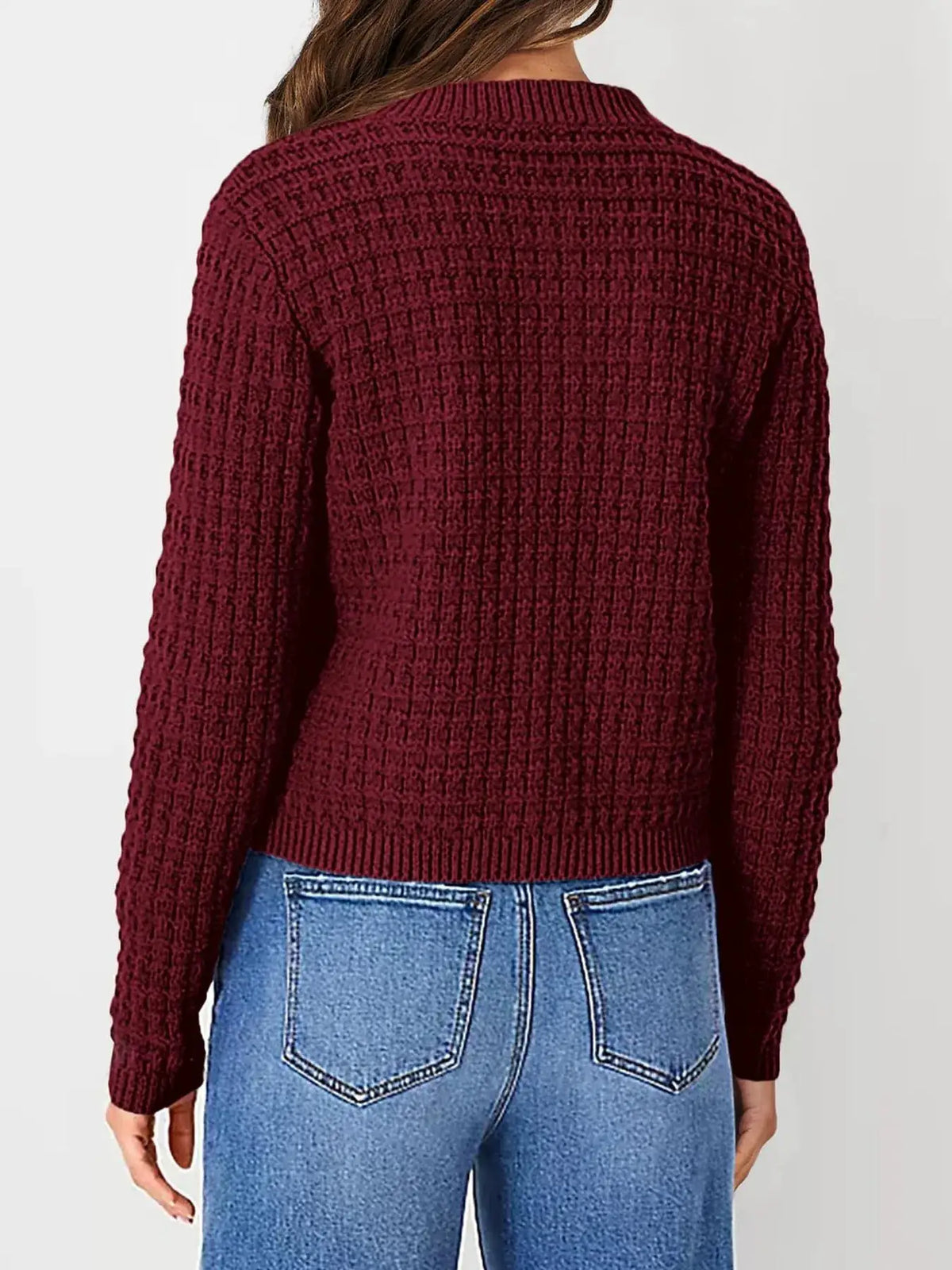 Textured stretchy knit button-front cardigan in burgundy, back view with ribbed cuffs