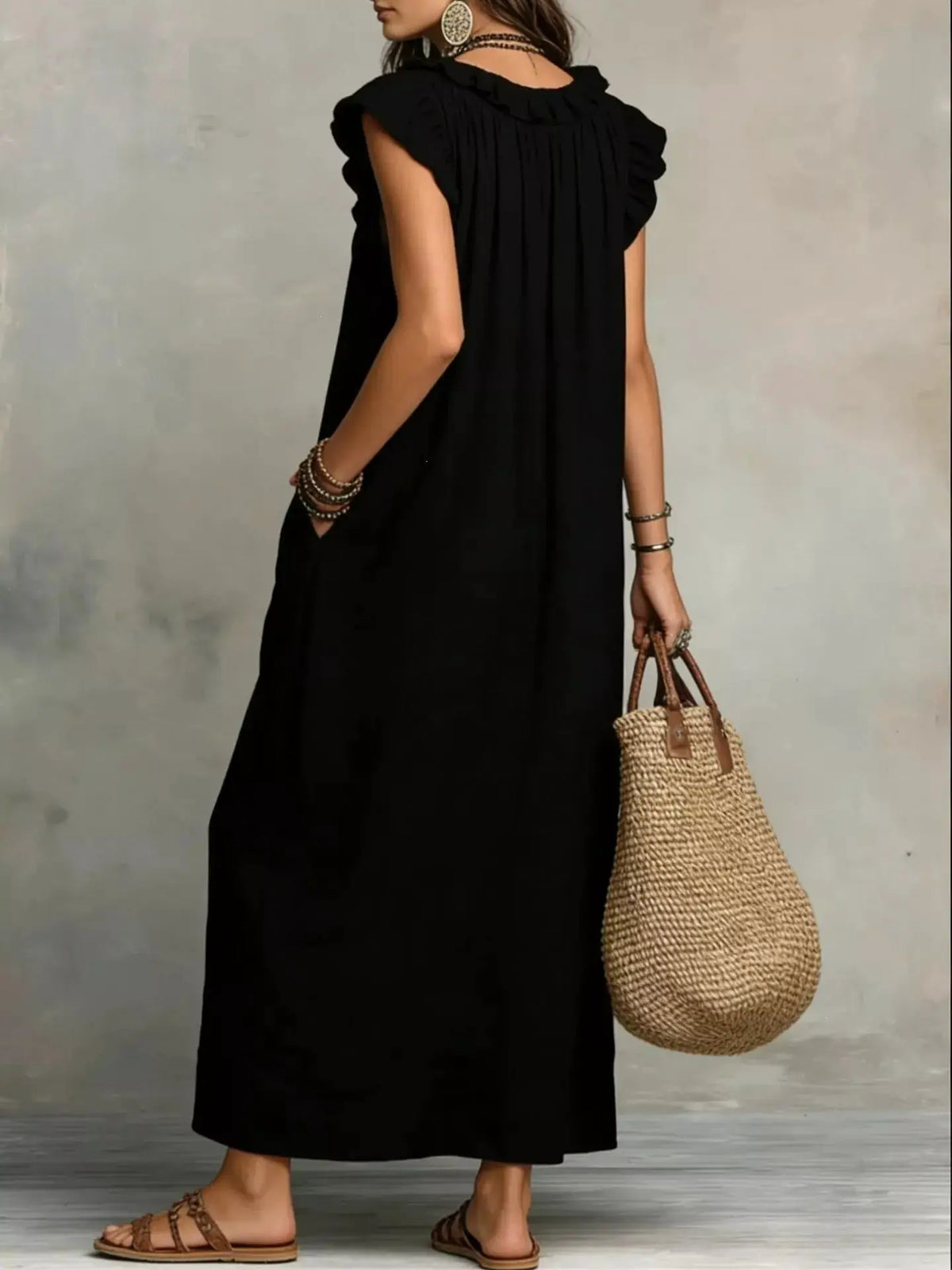 Full Size Ruffled V-Neck Cap Sleeve Maxi Dress, black, plus size, back view with woven straw handbag