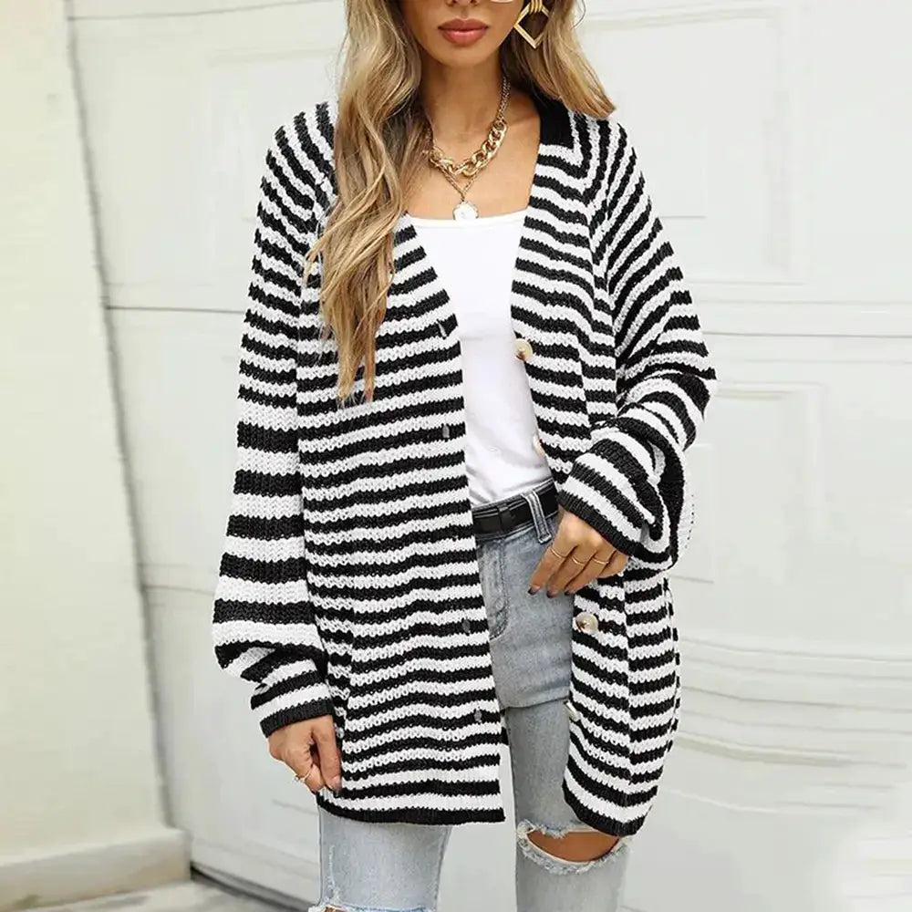 Cardigan with black and white stripes, button-front, long sleeves, soft stretchy knit