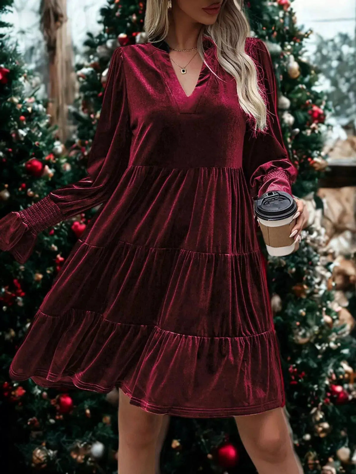 Velvet Tiered Notched Mini Dress by Trendsi in burgundy, long sleeves, tiered skirt