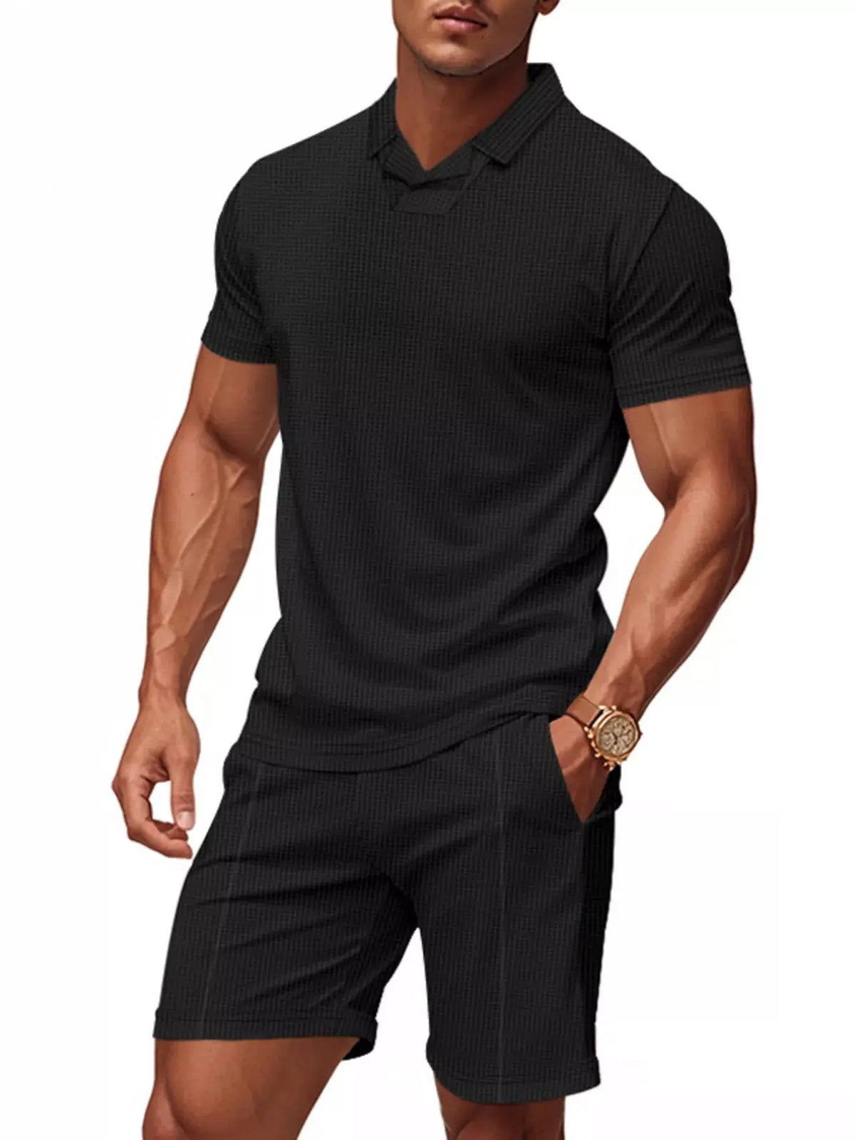 Men's plus-size black polo and shorts set, 2-piece casual ensemble with pockets
