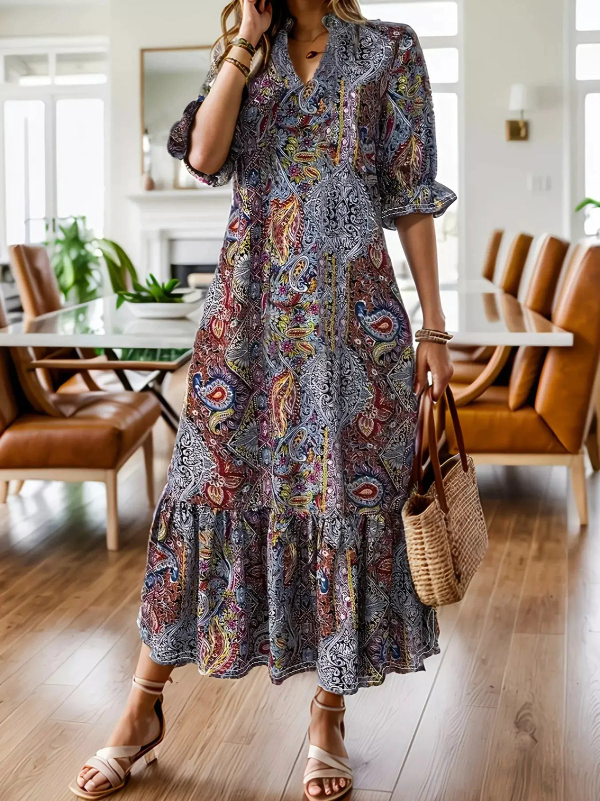 Full-size bohemian paisley print ruffle-hem midi dress, plus-size, multicolor blue-gray