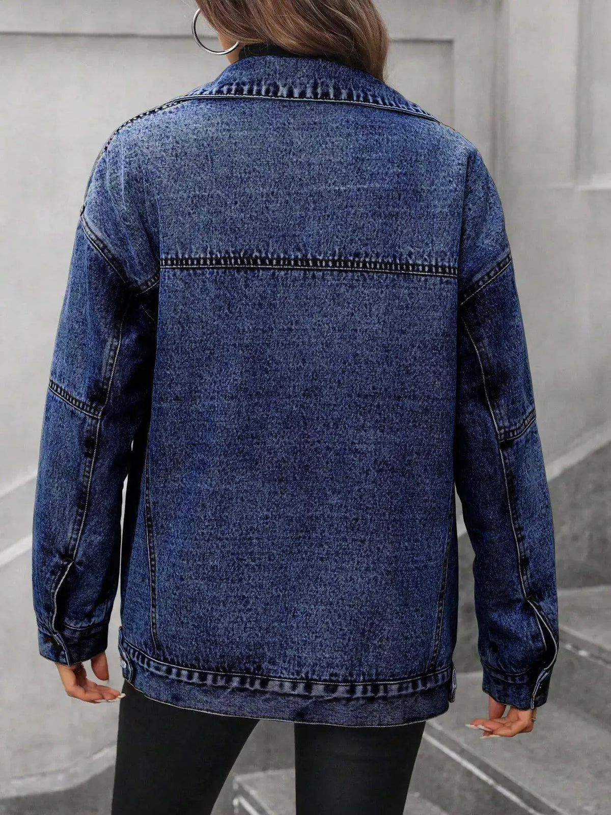 Womens Sherpa Lined Button Up Denim Jacket, blue denim with warm interior, back view