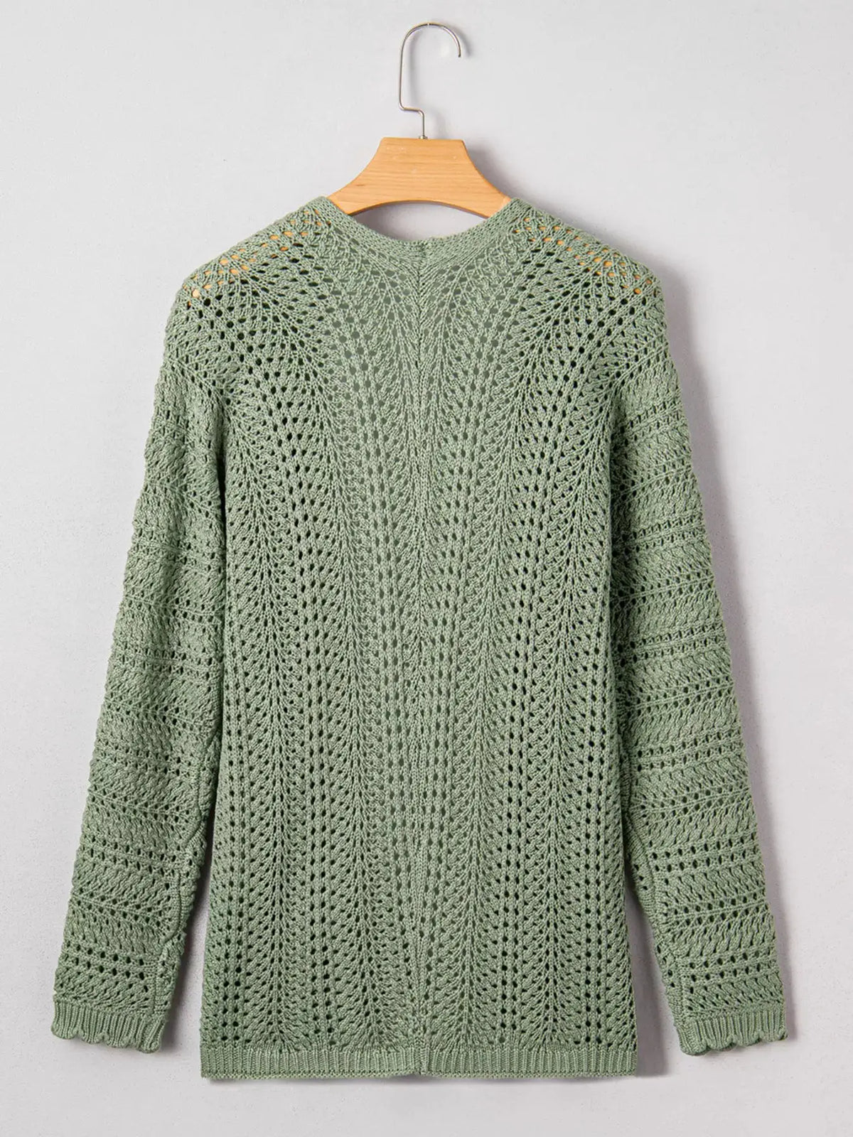 Lightweight sage green scalloped-edge eyelet knit batwing-sleeve cardigan