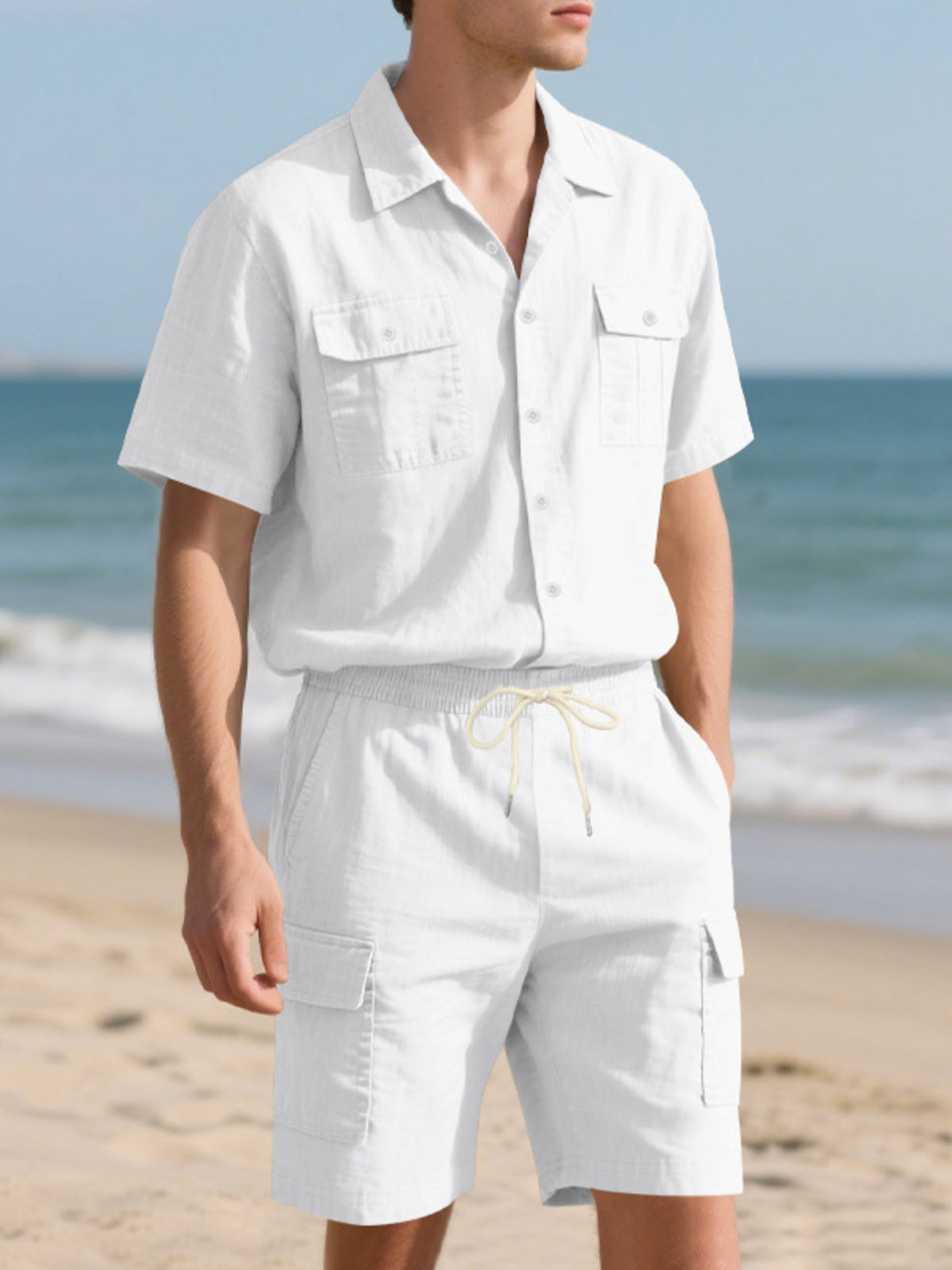 Men's white button-up shirt and shorts set, short-sleeve shirt with two chest pockets and drawstring shorts