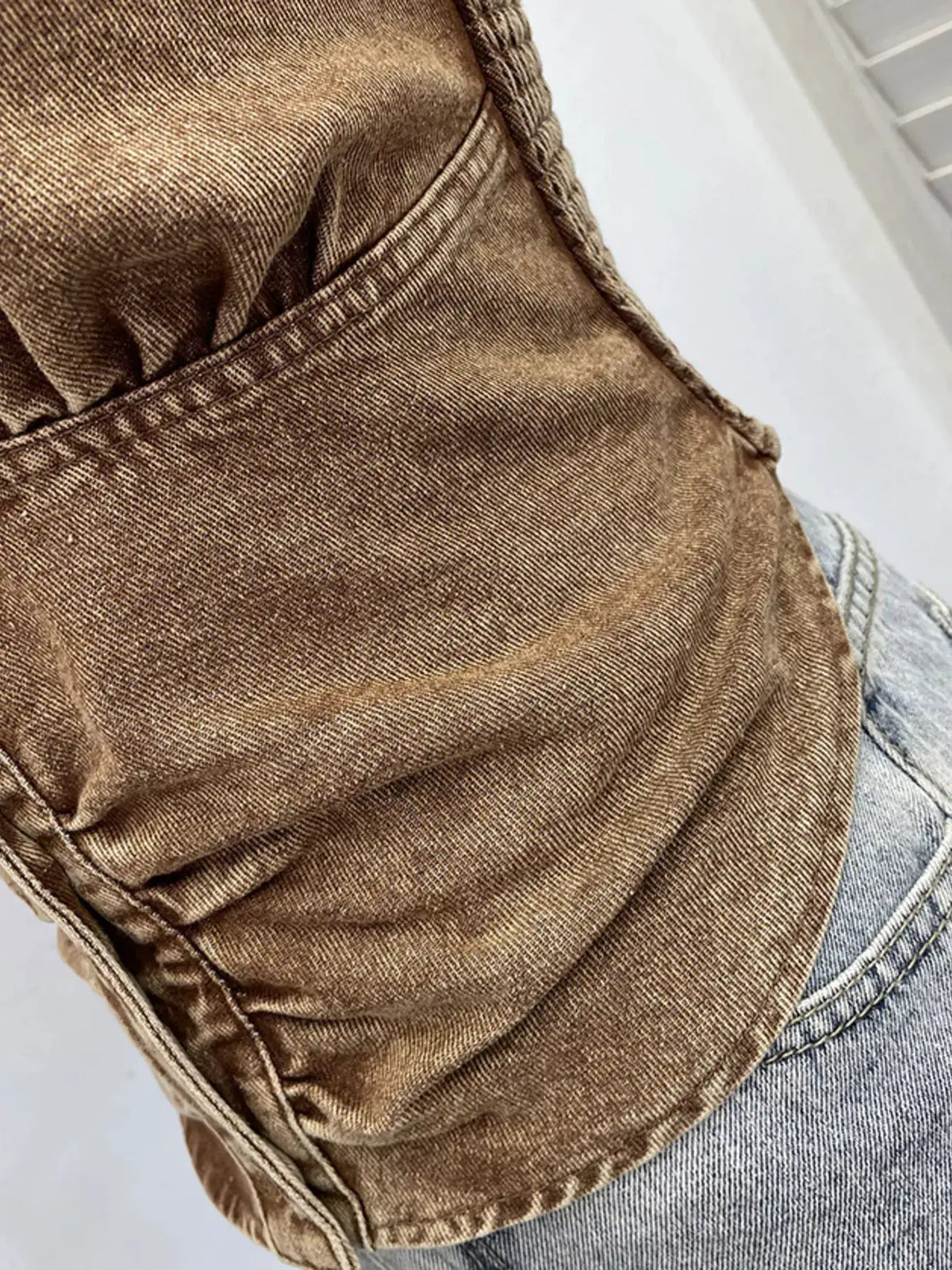Premium Textured Smocked Denim Halter Top by Trendsi in tan with soft spandex blend