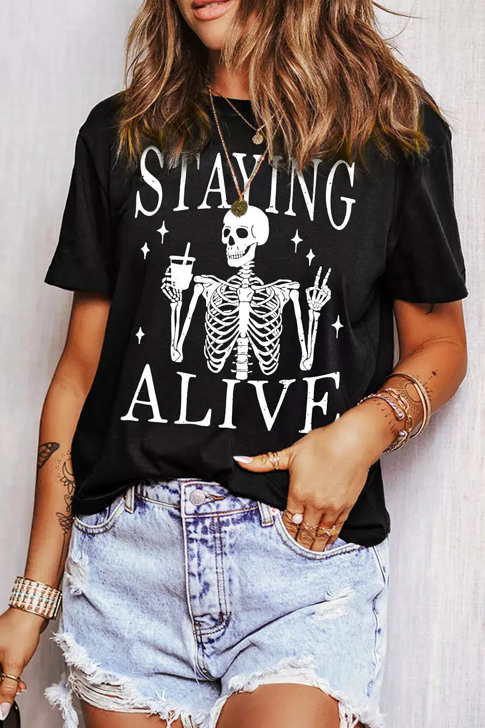 STAYING ALIVE Funny Skeleton Graphic Round Neck T Shirt, black, Trendsi