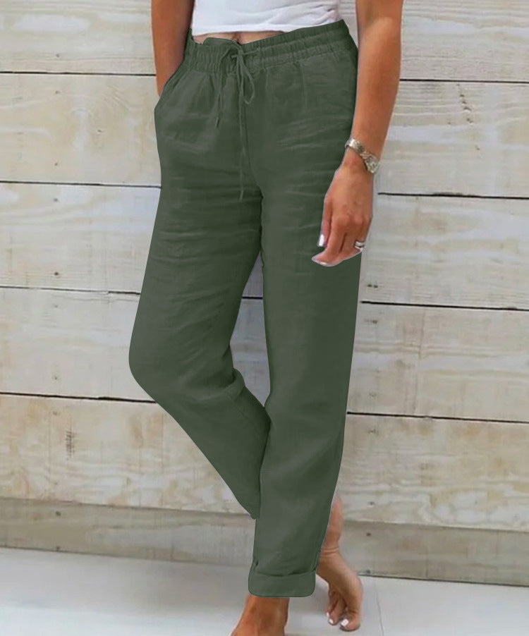 Pantalon élastique uni en coton et chanvre