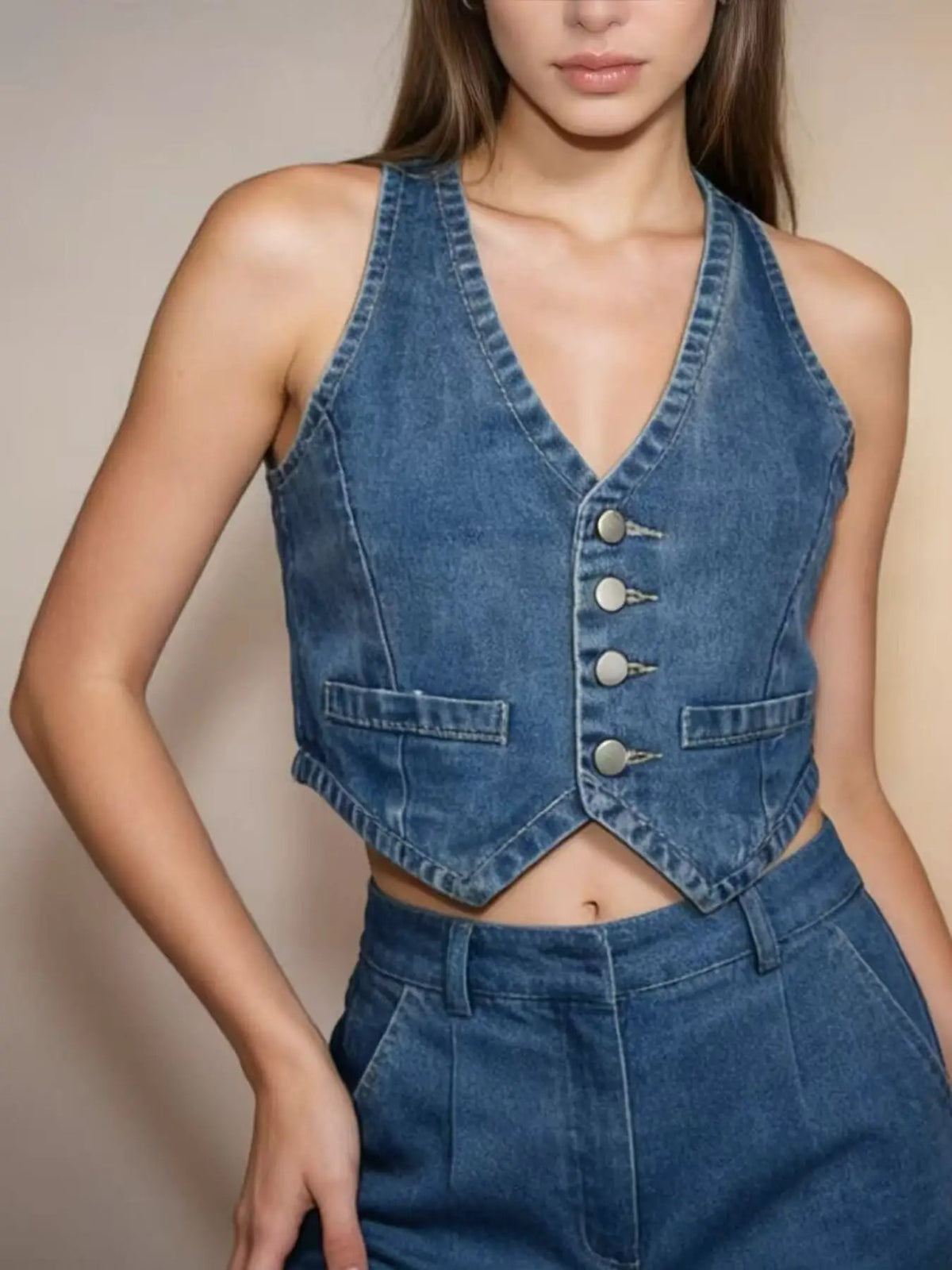 Classic Button-Down Denim Vest by Trendsi in blue cotton-blend, cropped fit with metal front buttons.