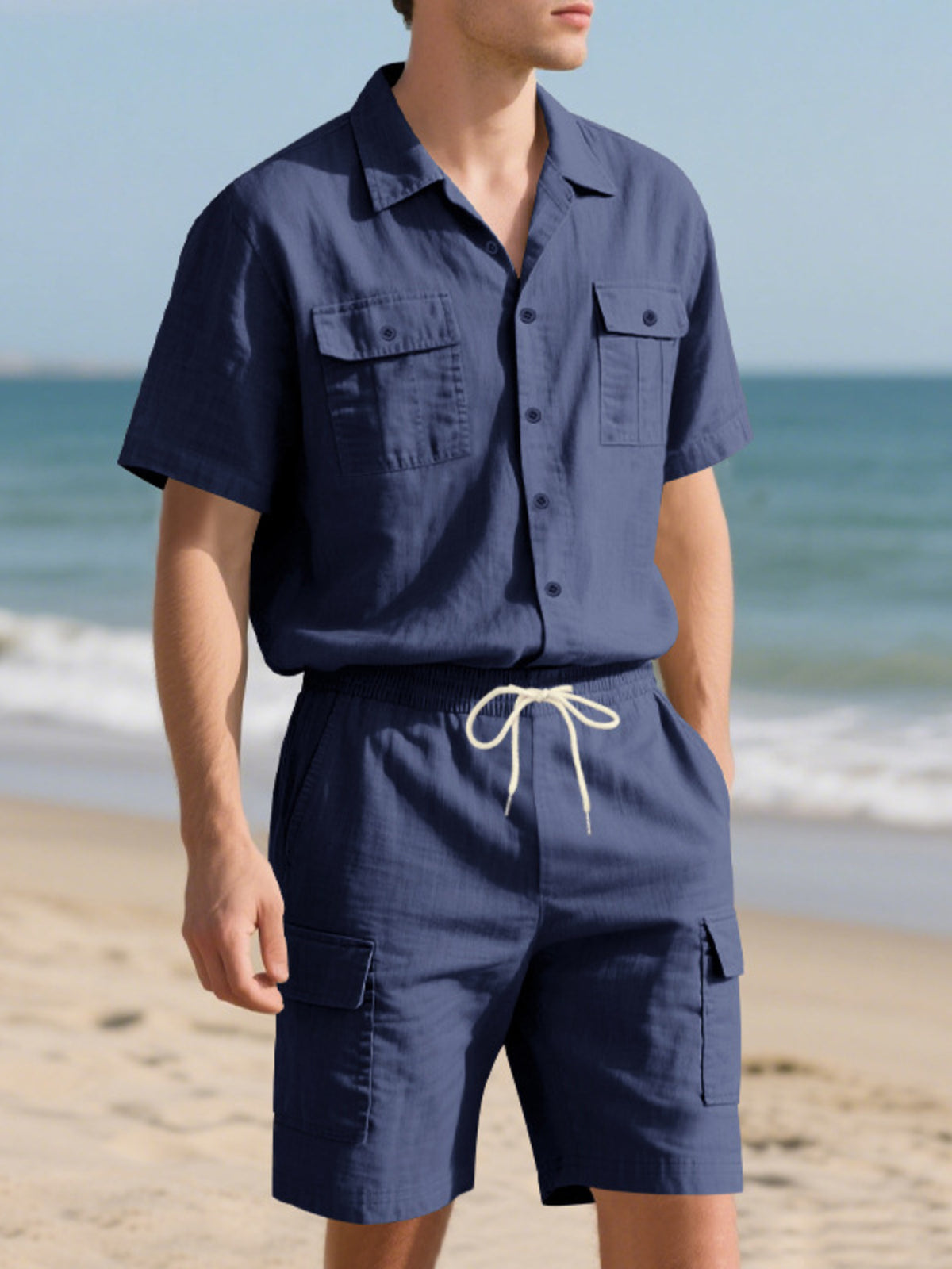 Men's navy button-up shirt and matching drawstring shorts set with chest pockets
