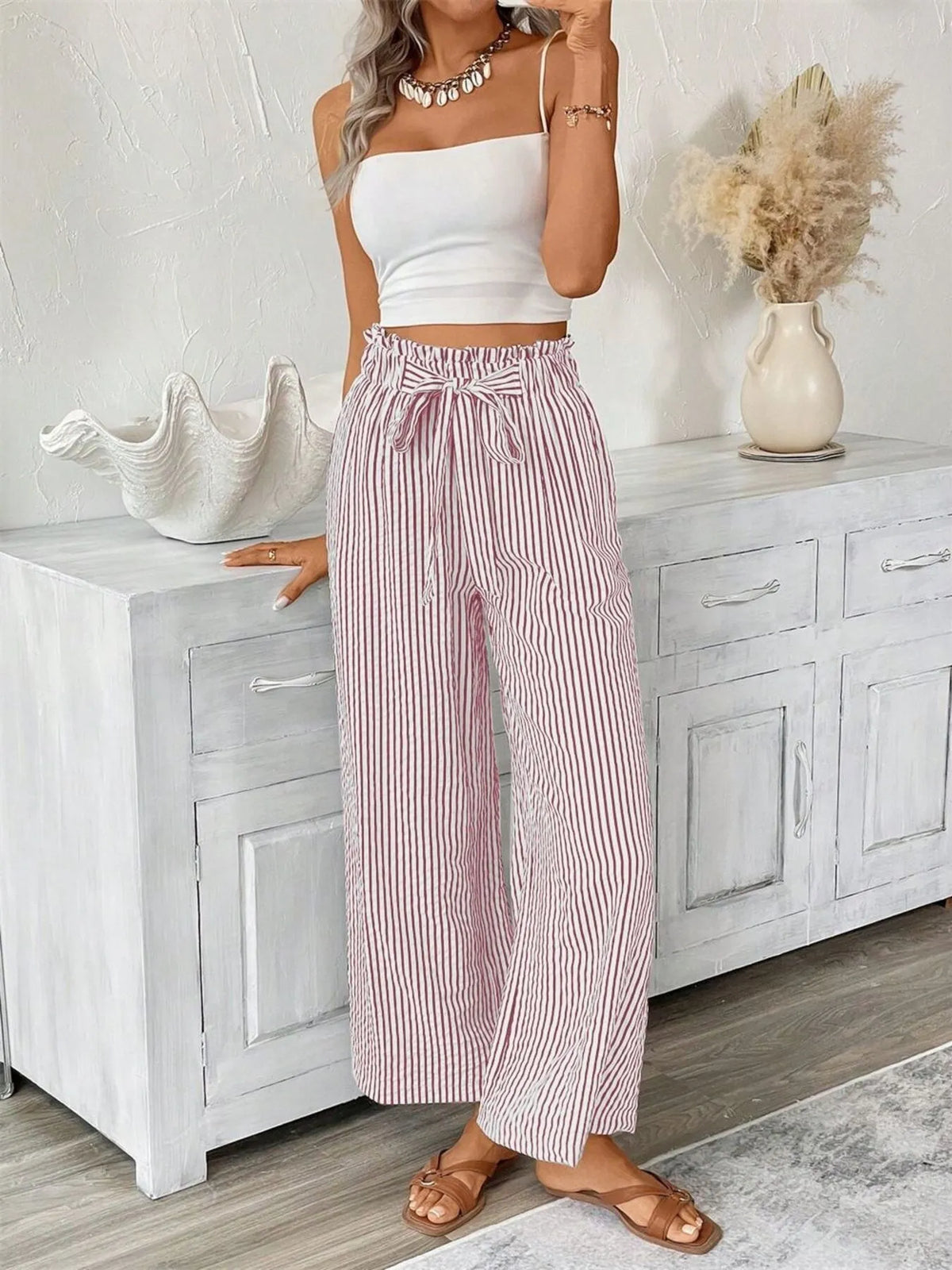 Palazzo pants striped red/white with paper-bag waist, plus-size