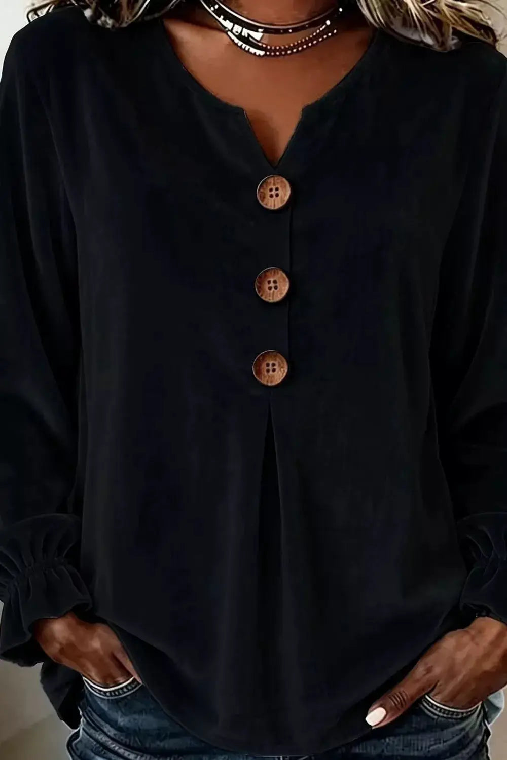 Trendsi plus-size velvet button-decor blouse with ruffled cuffs in black.