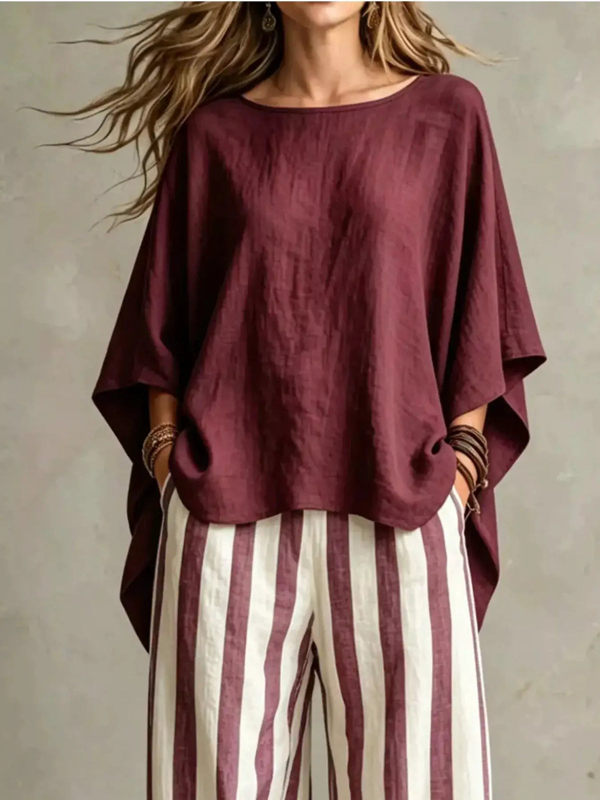 Full Size Solid Color Top and Pants Set Plus Size burgundy top with wide sleeves and white burgundy striped pants
