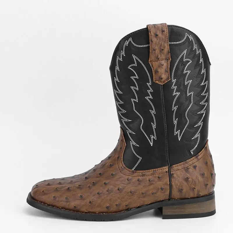 Maverick AdTec men’s mid-calf western boot with brown ostrich-textured vamp, black shaft and wedge heel.
