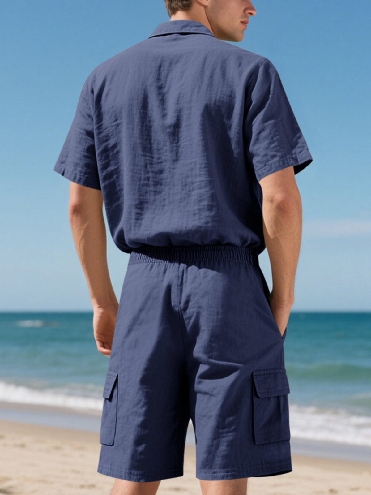 Men's navy blue plus-size button-up shirt and cargo shorts set by Trendsi