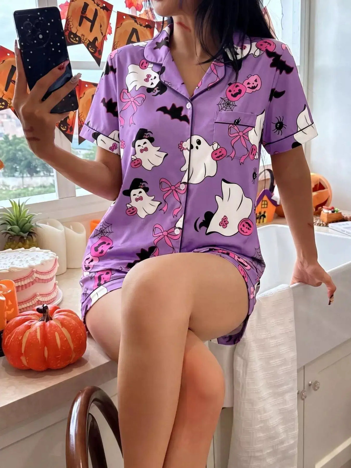 Halloween ghost-print purple button-down top and shorts lounge set by Trendsi