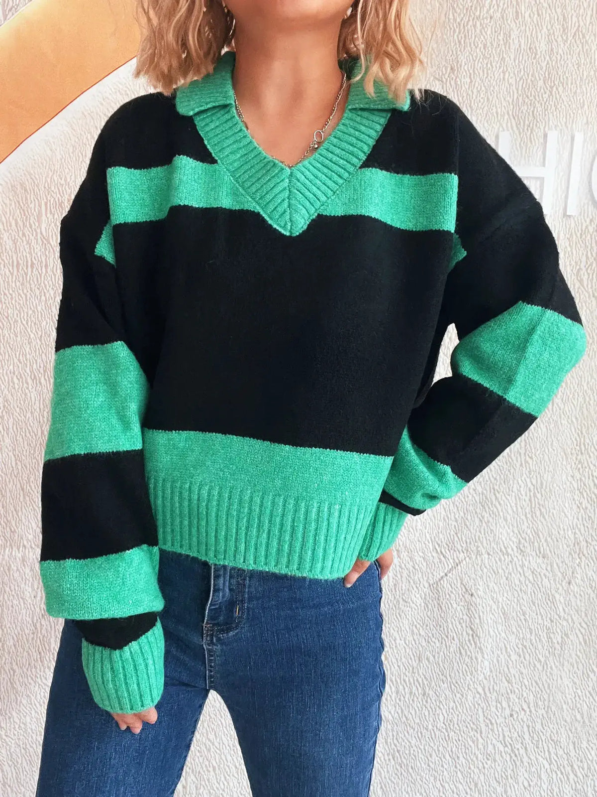 Color Block Long Sleeve Sweater with green V-neck, black body, green stripes; soft stretch polyester blend