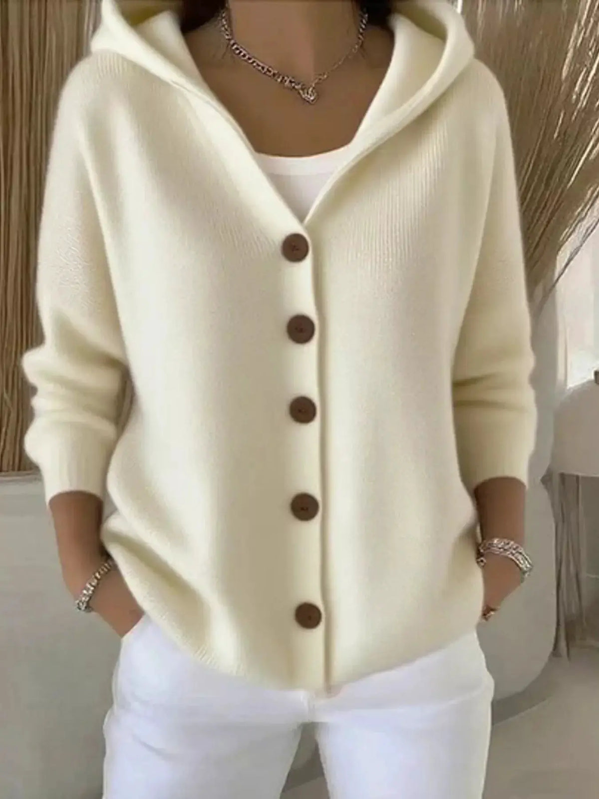 Plus-size cream hooded button-front soft-knit cardigan by Trendsi