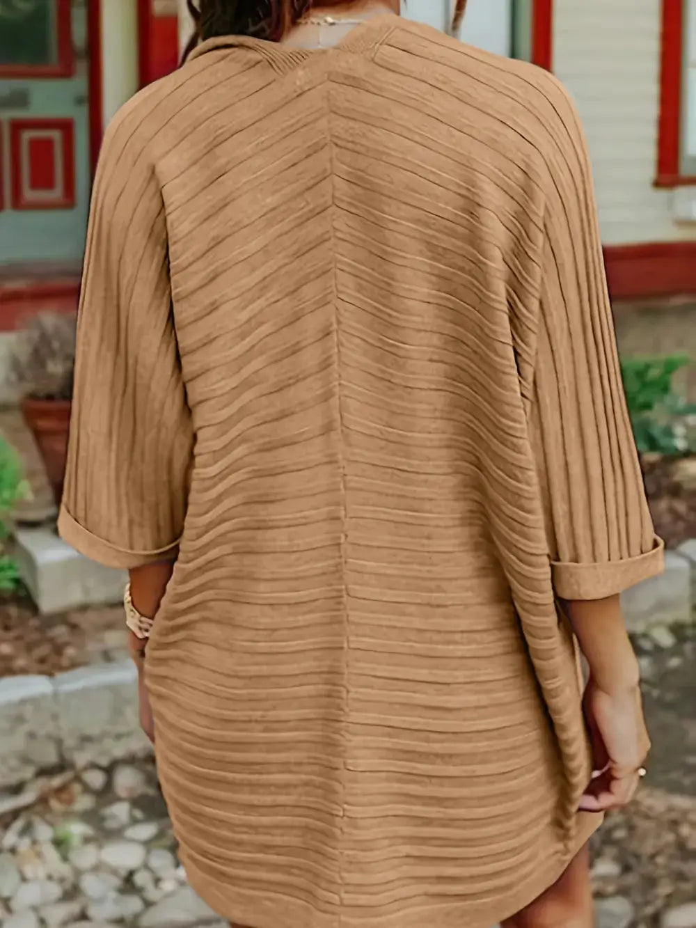 Cardigan, tan striped open-front knit, acrylic, relaxed fit with rolled sleeves.