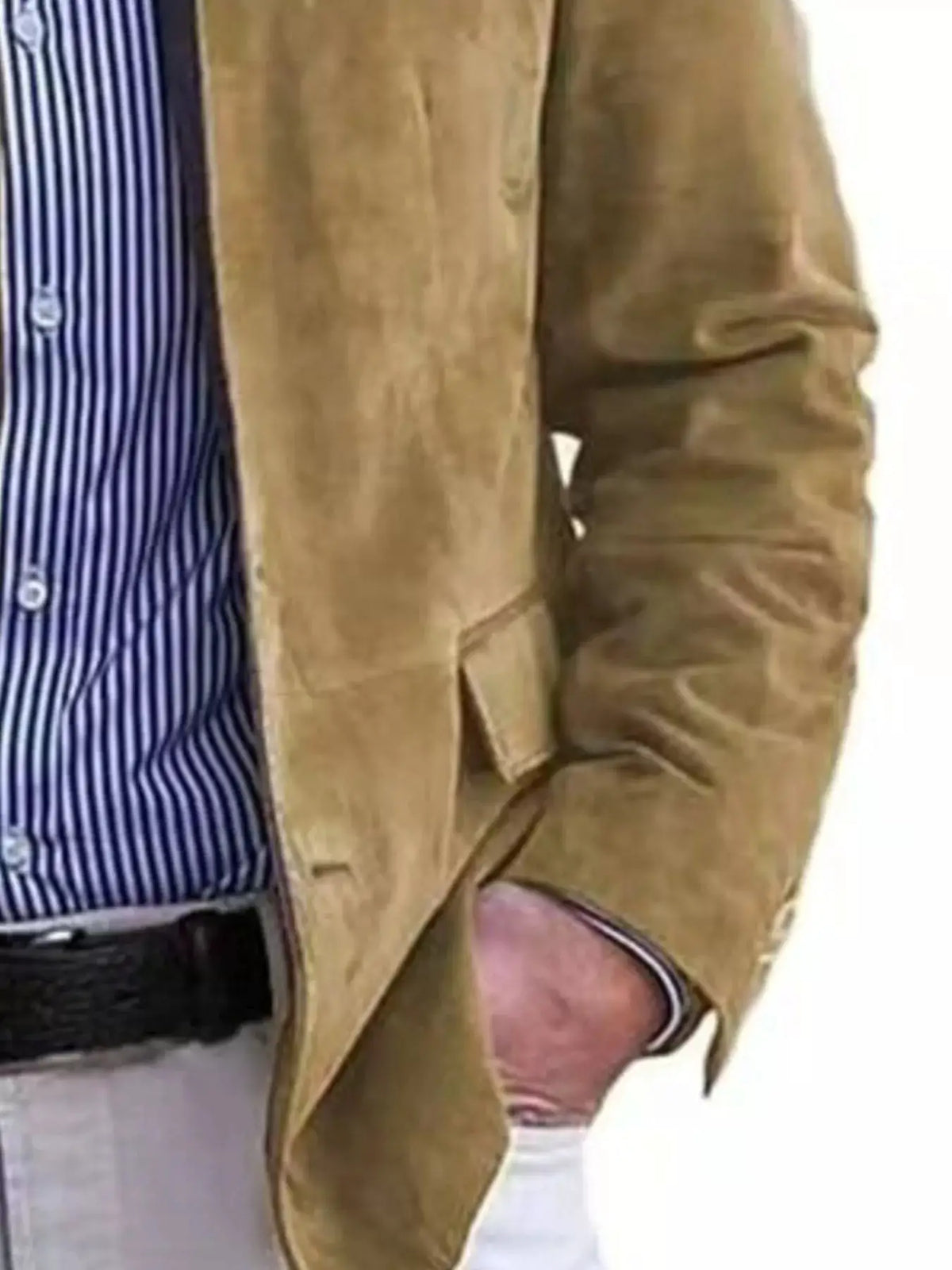 Men's full-size button-up long-sleeve blazer, tan beige, paired with a blue striped shirt