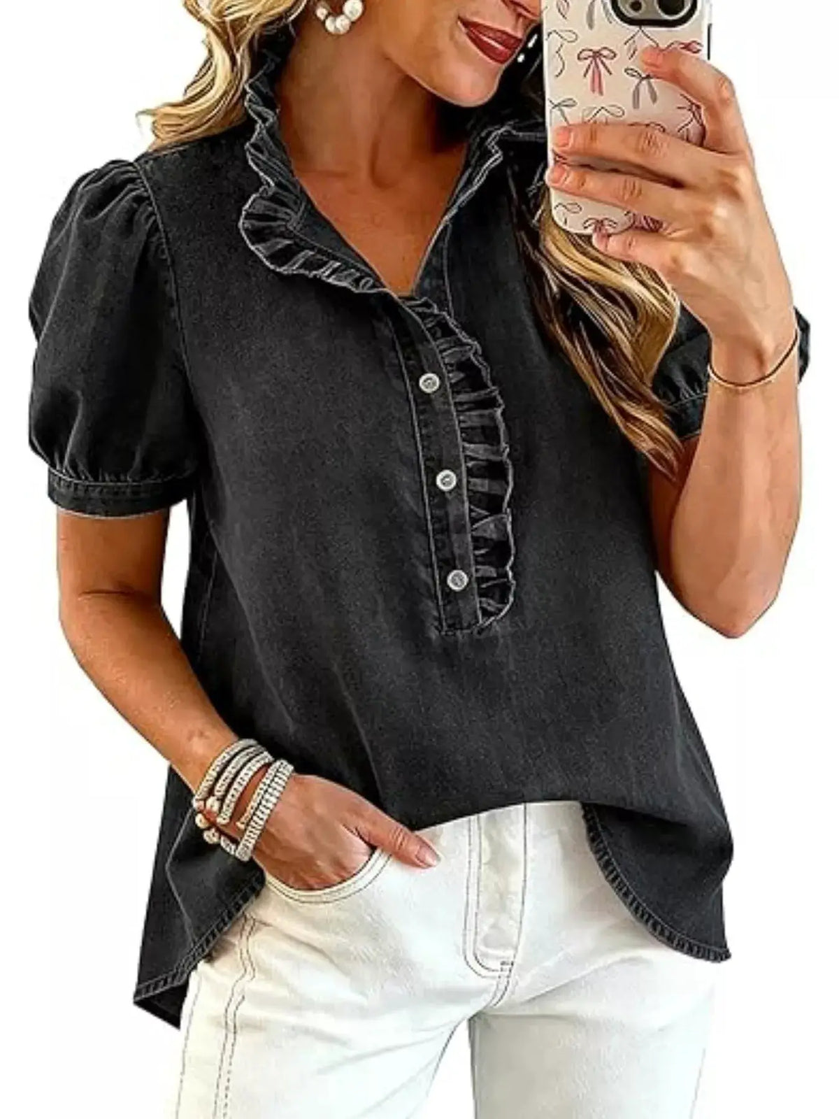 Frill Puff Sleeve Denim Top with Front Button Closure in black denim by Trendsi