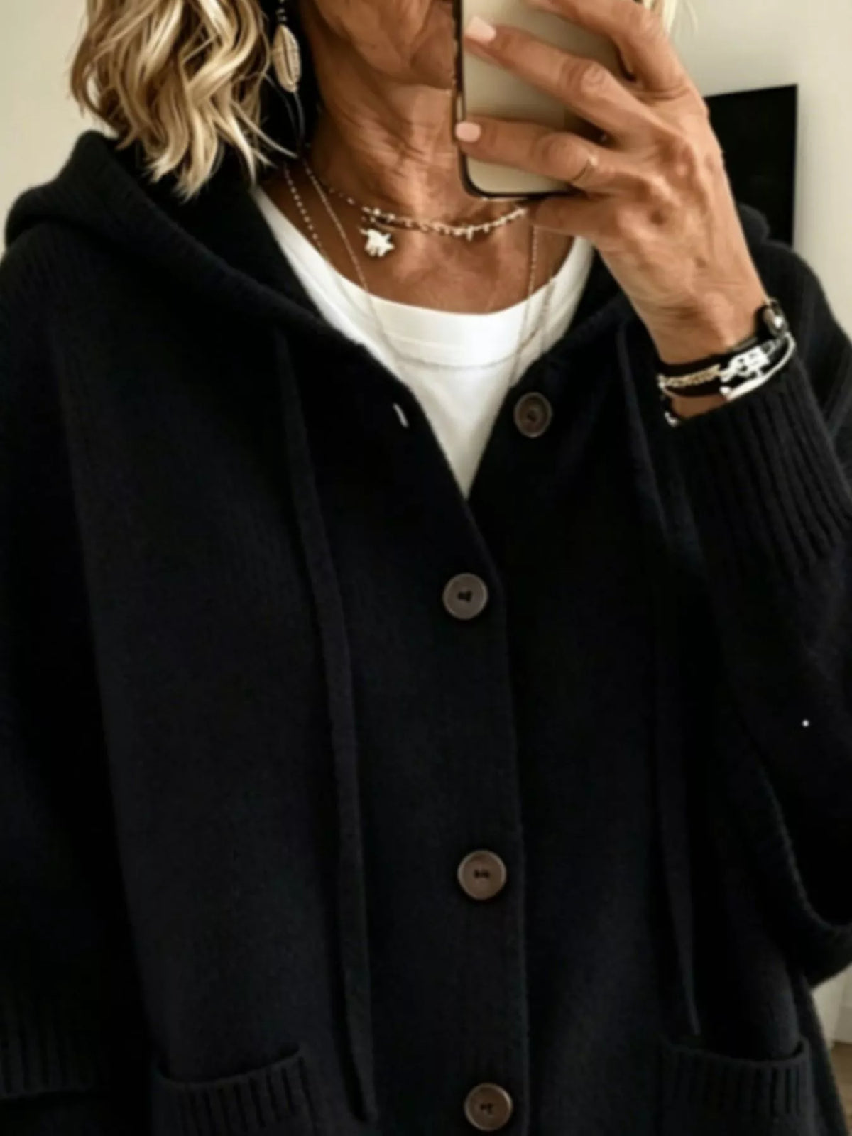 Full Size Casual Hooded Button-Down Knit Cardigan in black with front buttons