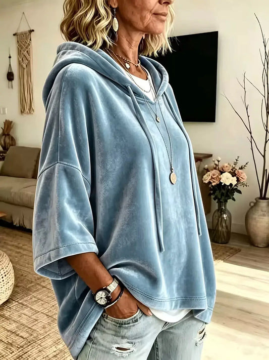 Velvet loose-fit hoodie with drawstring in light blue by Trendsi
