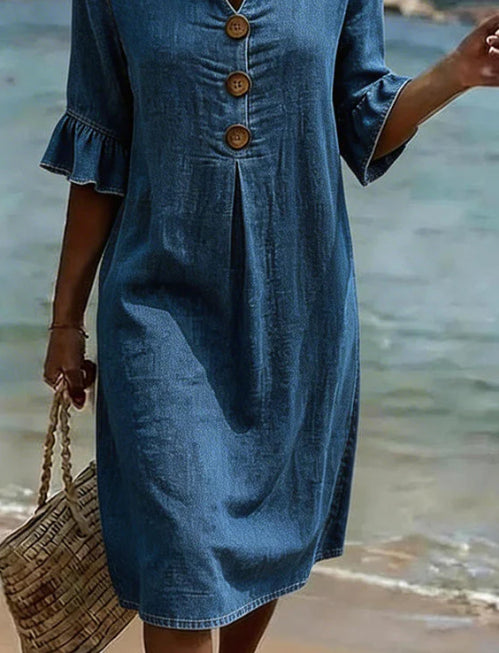 Summer Women's Cotton Dress in denim blue with button-front and flutter sleeves