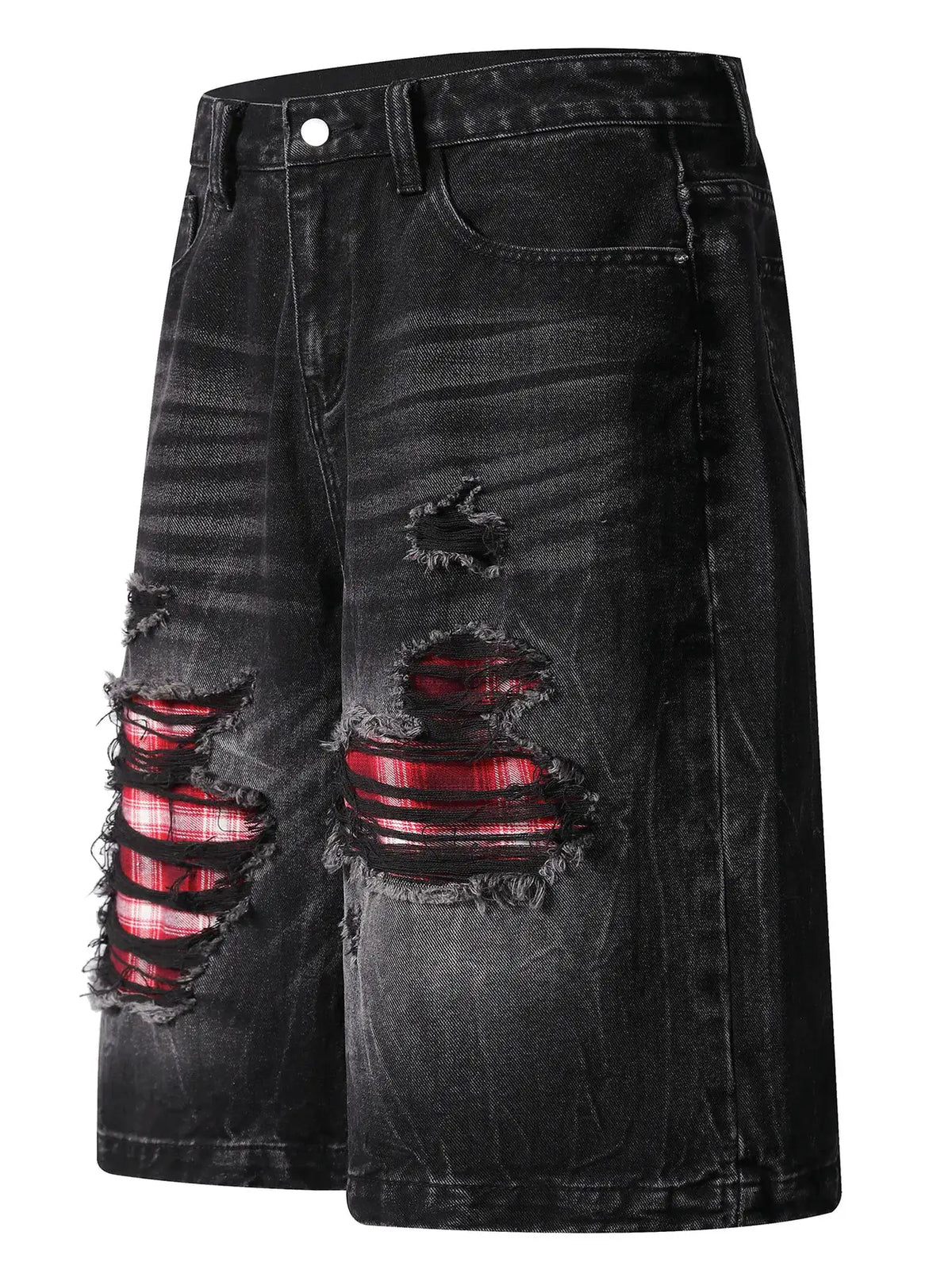 Men's distressed denim shorts with plaid patches and pockets; black wash with red plaid showing through rips.