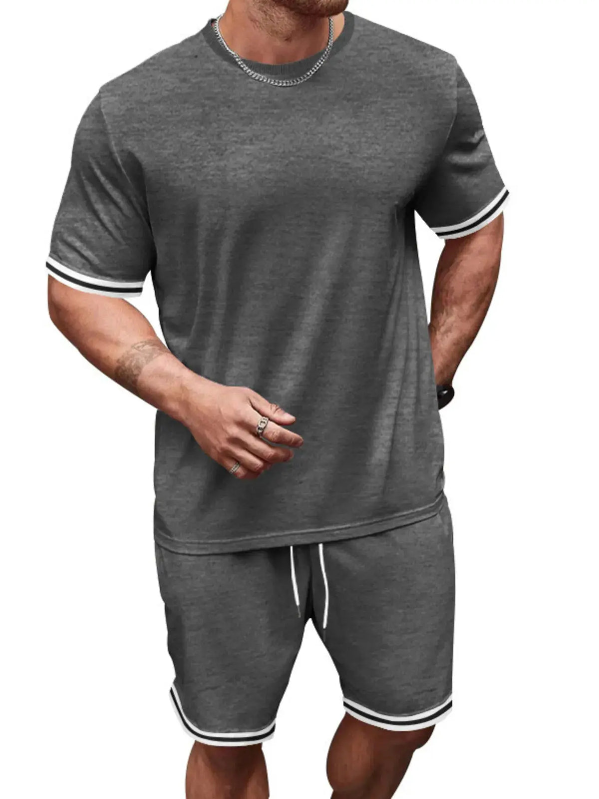 Men's gray two-piece summer set: short-sleeve tee and shorts with white-striped cuffs by Trendsi