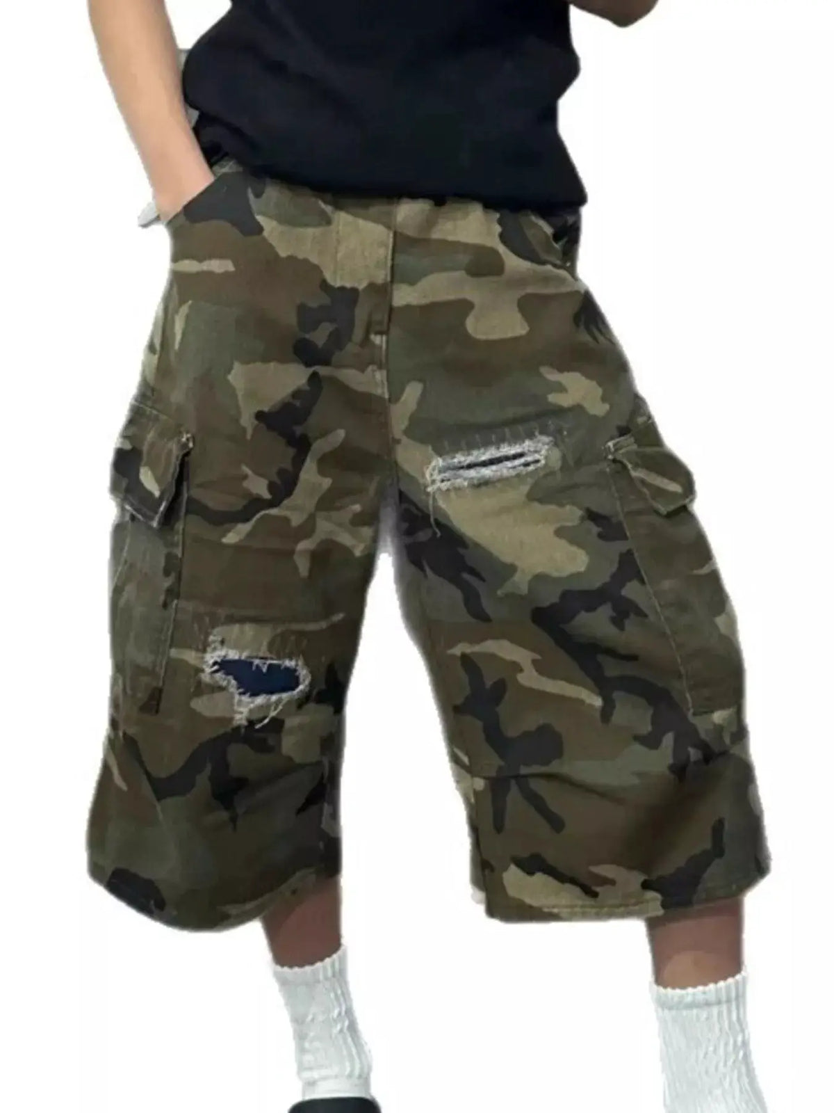 Mens plus-size camo cargo denim shorts with distressed detailing and cargo pockets by Trendsi