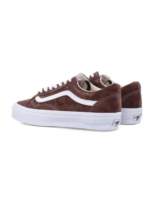 Vans men's brown suede sneakers with white sole and side stripe, pair