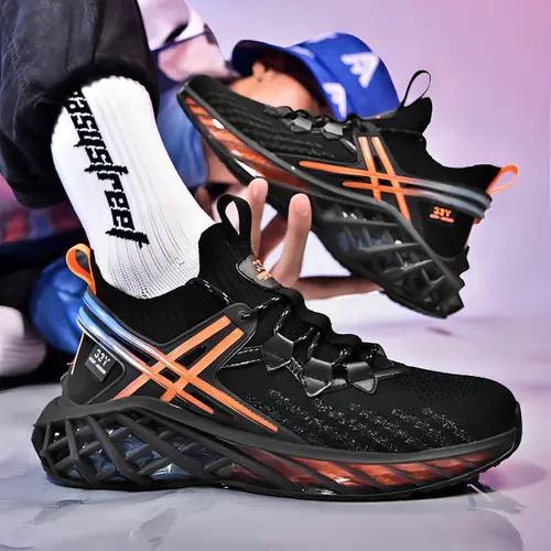 Men fashion running shoes, black with orange accents, breathable mesh, 2 shoes, PrimeCanada.Store